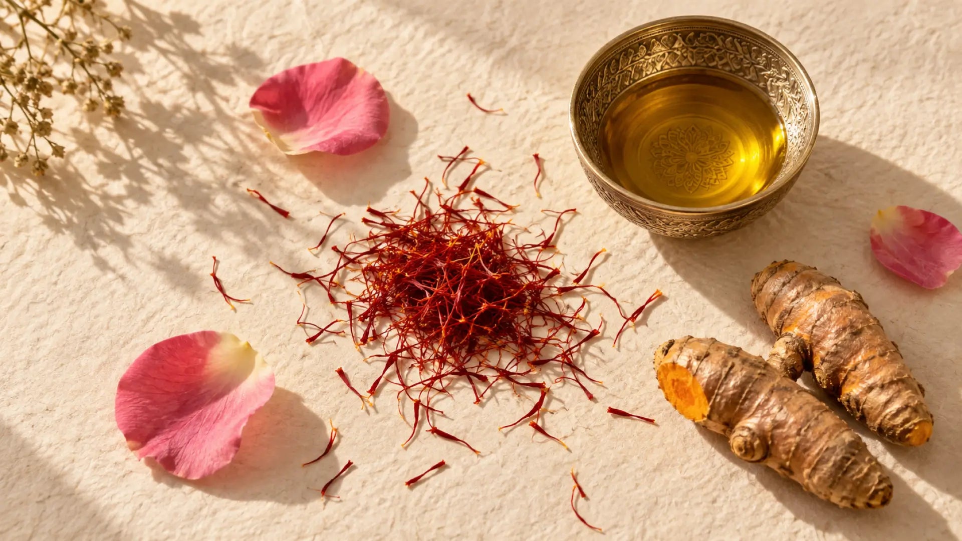 Saffron threads, brass Ayurvedic bowl of golden oil, turmeric roots and rose petals on cream paper