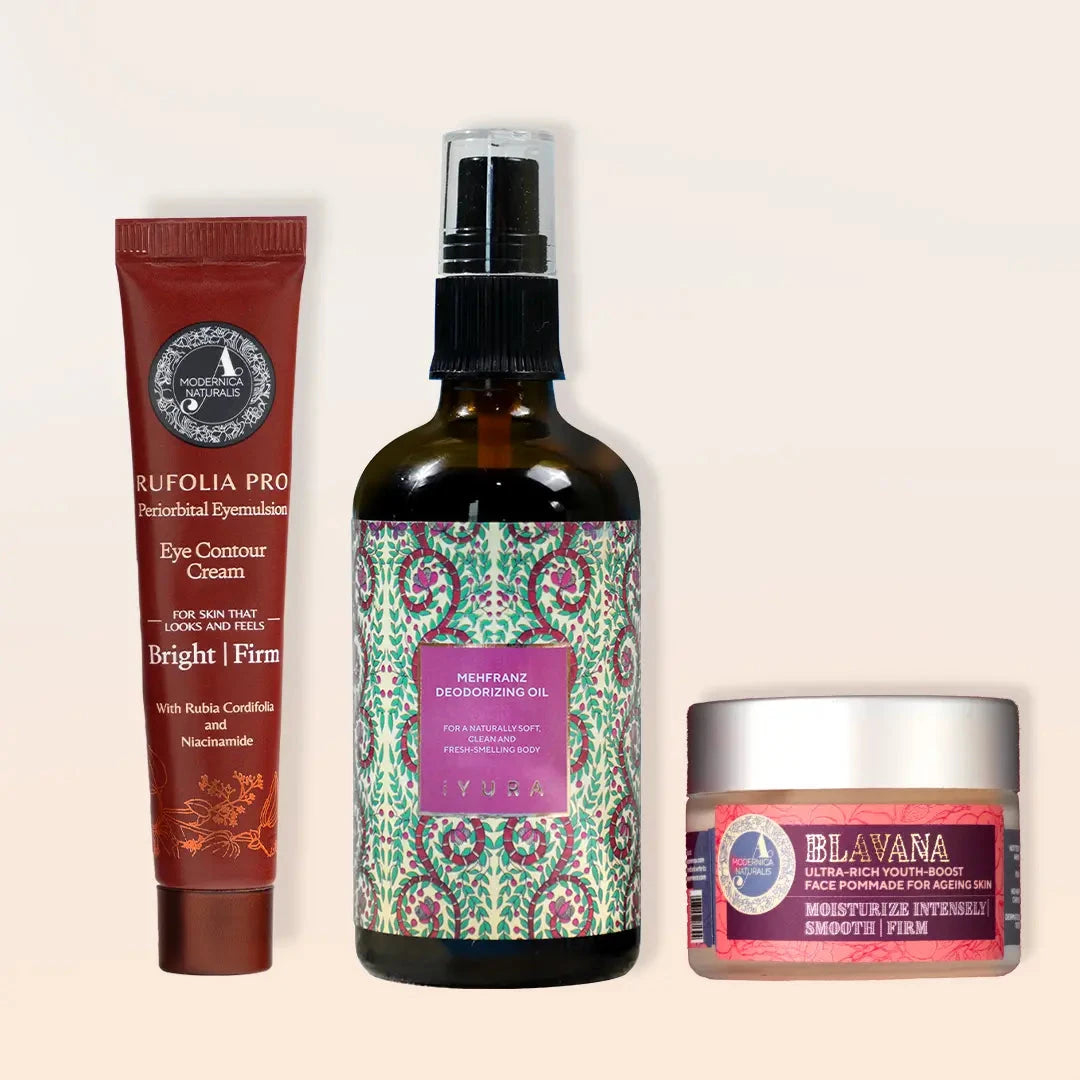 3-Piece Bestsellers Bundle - With an odor-eliminating body oil, around-the-eye skin firming cream and an age-defying moisturizer with Pro Beauty set The Ayurveda Experience 