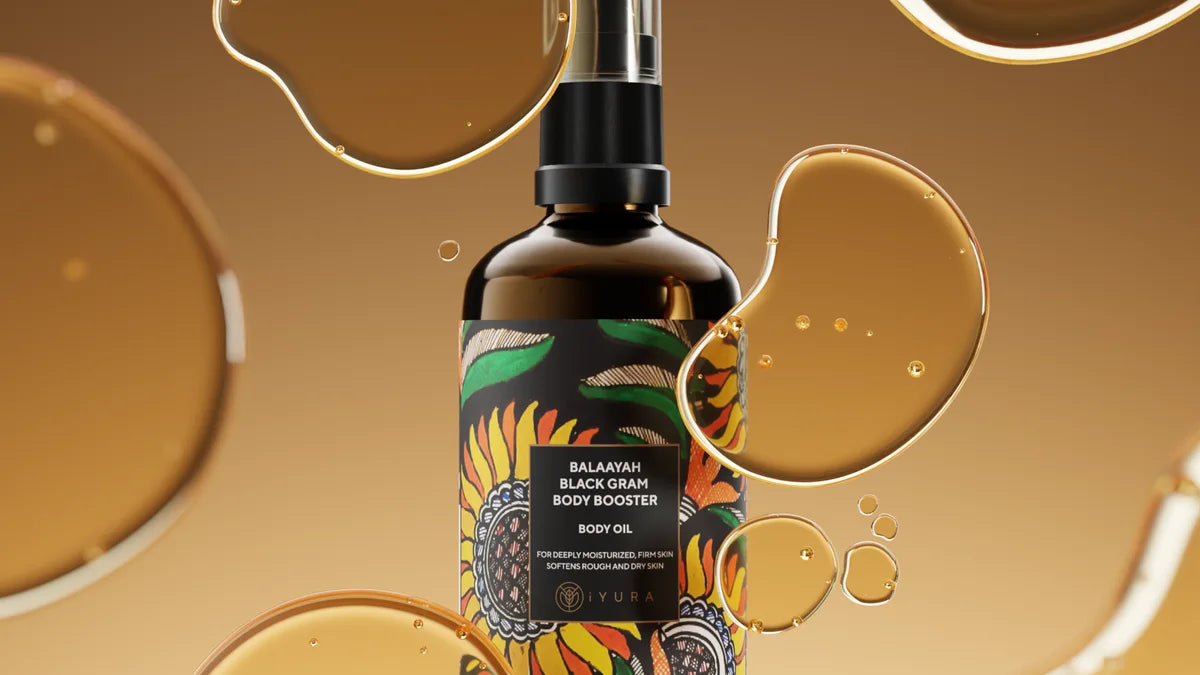 Drops of the oil beside the bottle