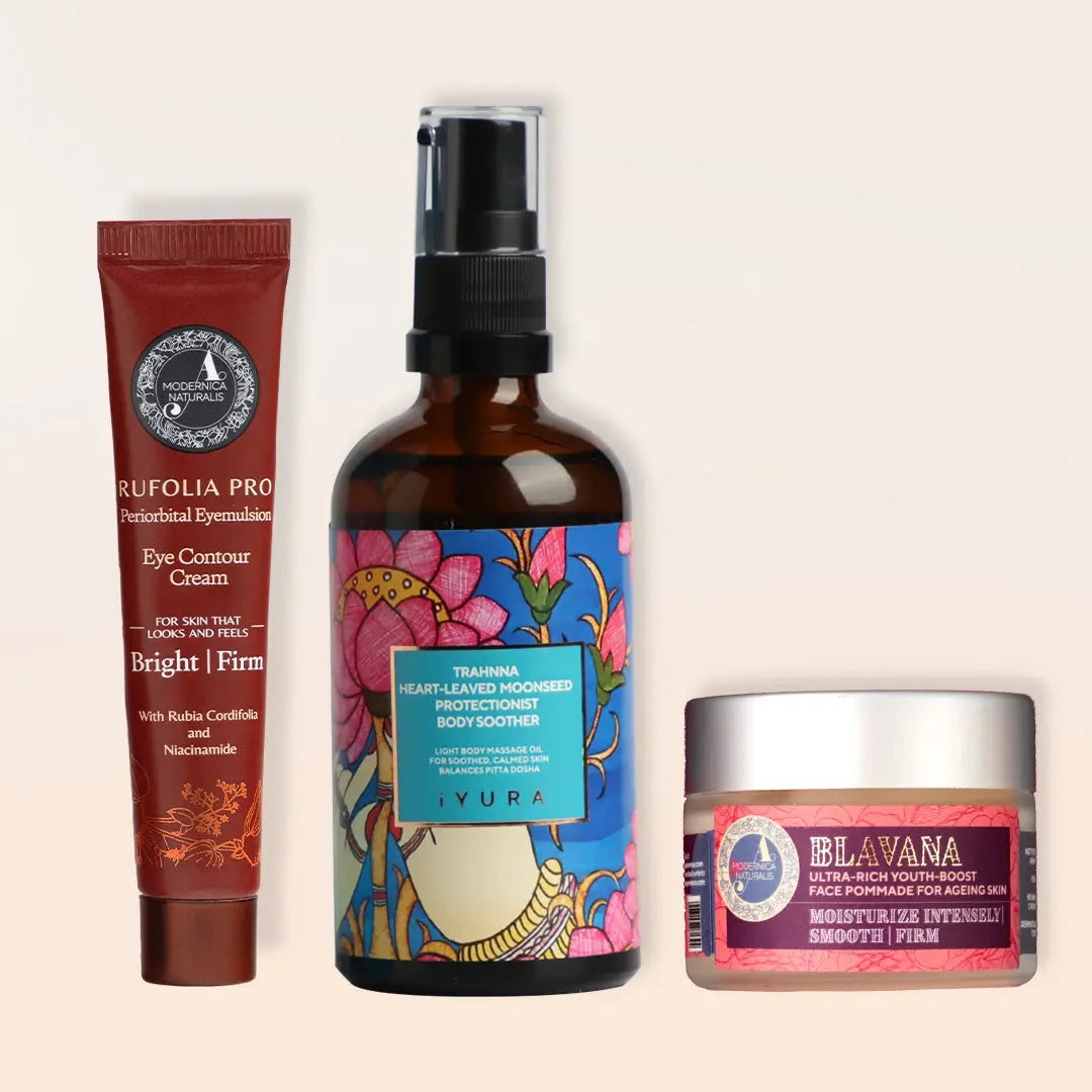 'Calm and Soothe' Ayurvedic Bestseller Essentials Bundle - With a soothing body oil, around-the-eye skin firming moisturizer, and an age-defying face cream with Pro Beauty set The Ayurveda Experience 