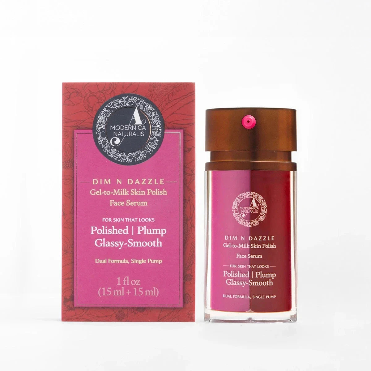 Dim N Dazzle Gel-to-Milk Skin Polish Face Serum – Even-tones and Plumps for Glassy, Polished looking skin – Enriched with Banafsha and Western Dock Plant – Best Double Serum for Polished, Plumped, Glassy-Smooth Skin. Serum A Modernica Naturalis 