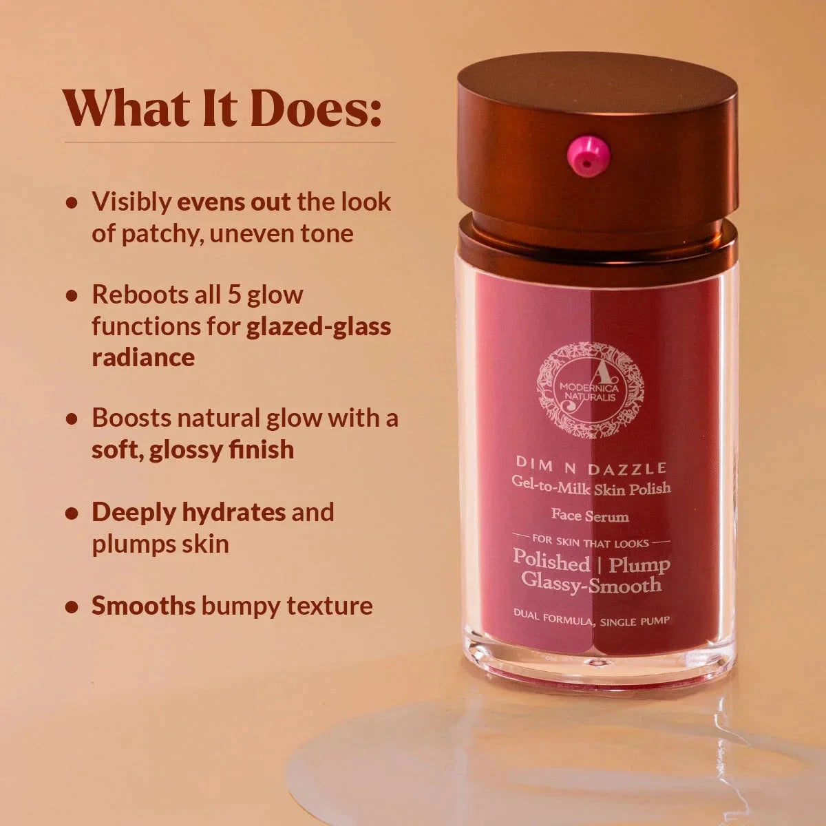 Dim N Dazzle Gel-to-Milk Skin Polish Face Serum – Even-tones and Plumps for Glassy, Polished looking skin – Enriched with Banafsha and Western Dock Plant – Best Double Serum for Polished, Plumped, Glassy-Smooth Skin. Serum A Modernica Naturalis 