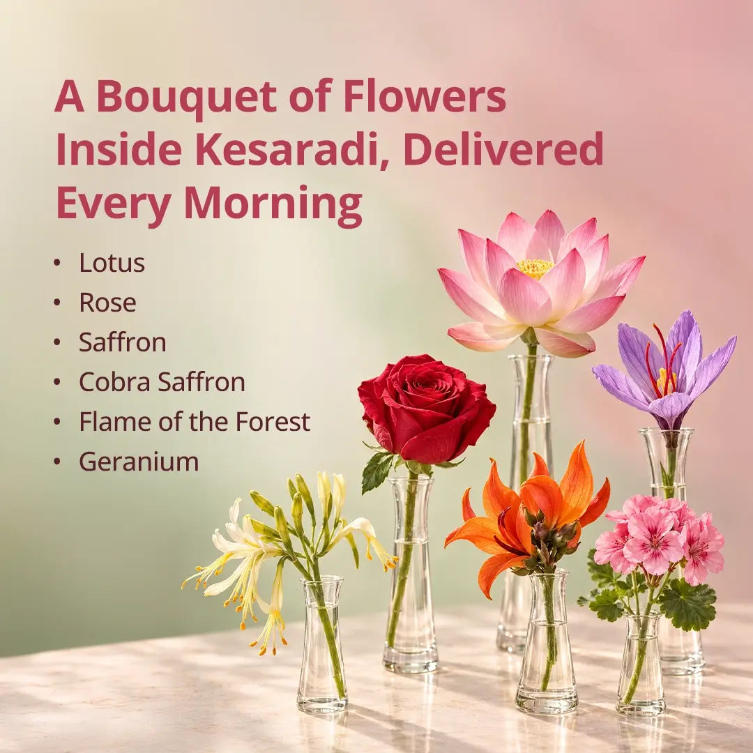 A Bouquet of Flowers Inside Kesaradi — Rose, Lotus, Saffron, Cobra Saffron, Flame of the Forest, Geranium
