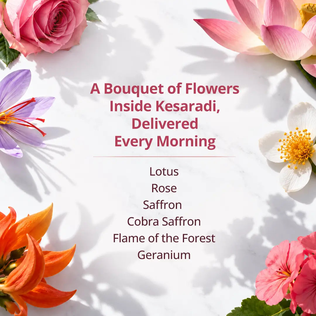 A Bouquet of Flowers Inside Kesaradi — Rose, Lotus, Saffron, Cobra Saffron, Flame of the Forest, Geranium