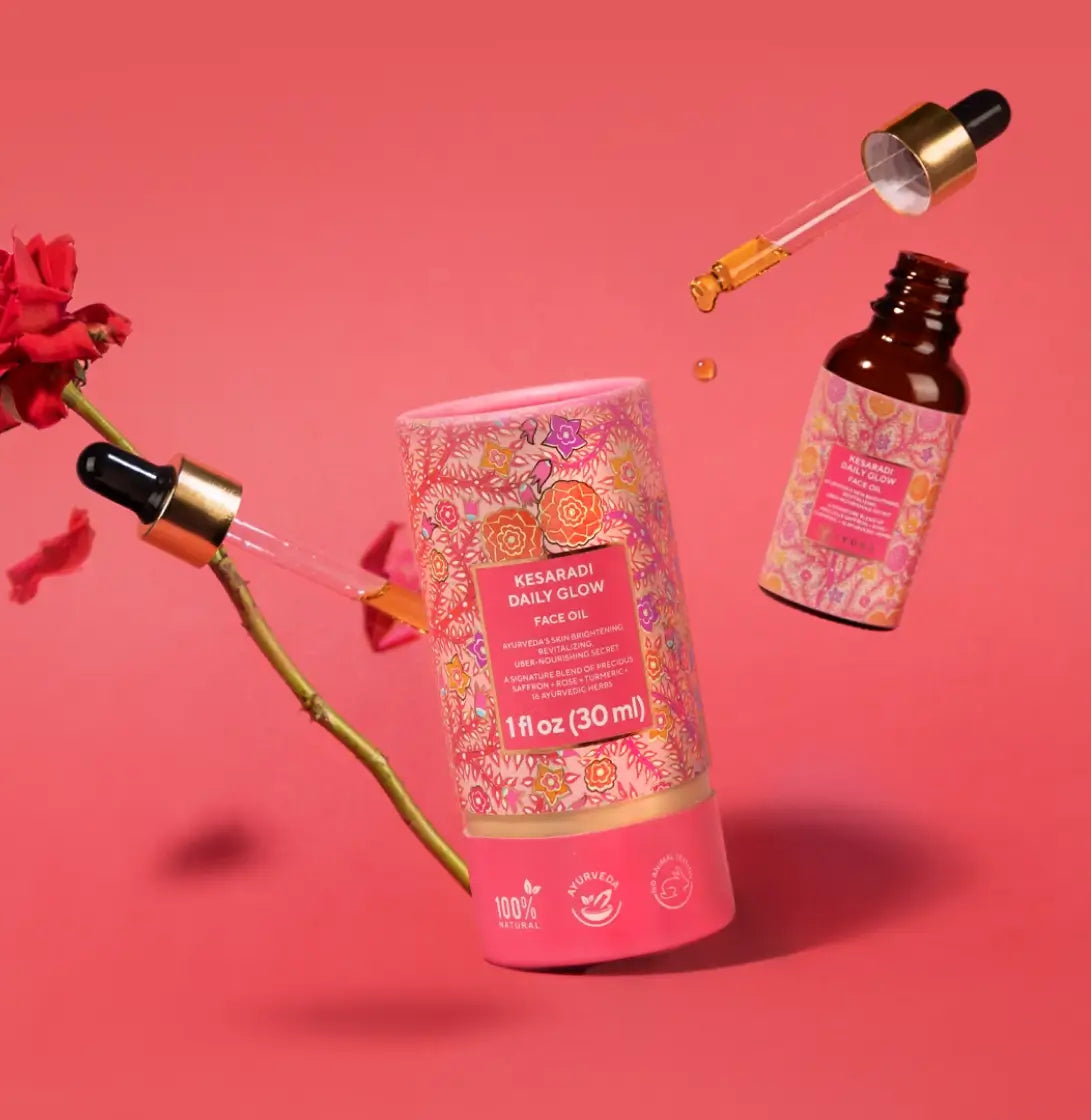Kesaradi Daily Glow face oil, with a rose and dropper